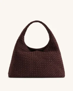Iaura Faux Suede Woven Shoulder Bag - Dark Brown