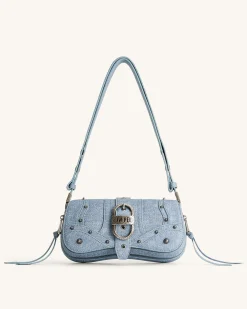 Joy Denim Embossed Curved Shoulder Bag - Blue