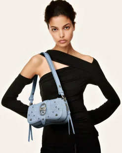 Joy Denim Embossed Curved Shoulder Bag - Blue
