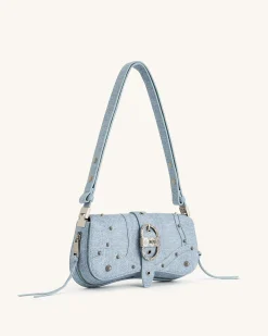 Joy Denim Embossed Curved Shoulder Bag - Blue