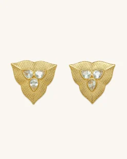 Leaf Earrings - 18ct Gold Plated & White Zircon