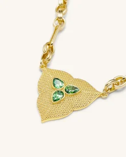Leaf Pendant Necklace - 18ct Gold Plated & Dark Green Zircon