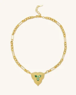 Leaf Pendant Necklace - 18ct Gold Plated & Dark Green Zircon