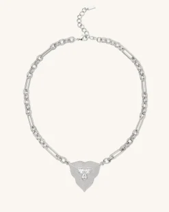 Leaf Pendant Necklace - 18ct White Gold Plated & White Zircon