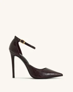 Leah Croc-Embossed Ankle Strap Heels - Burgundy
