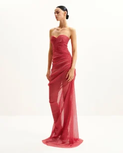Mia Strapless Sheer Glitter Gown - Scarlet