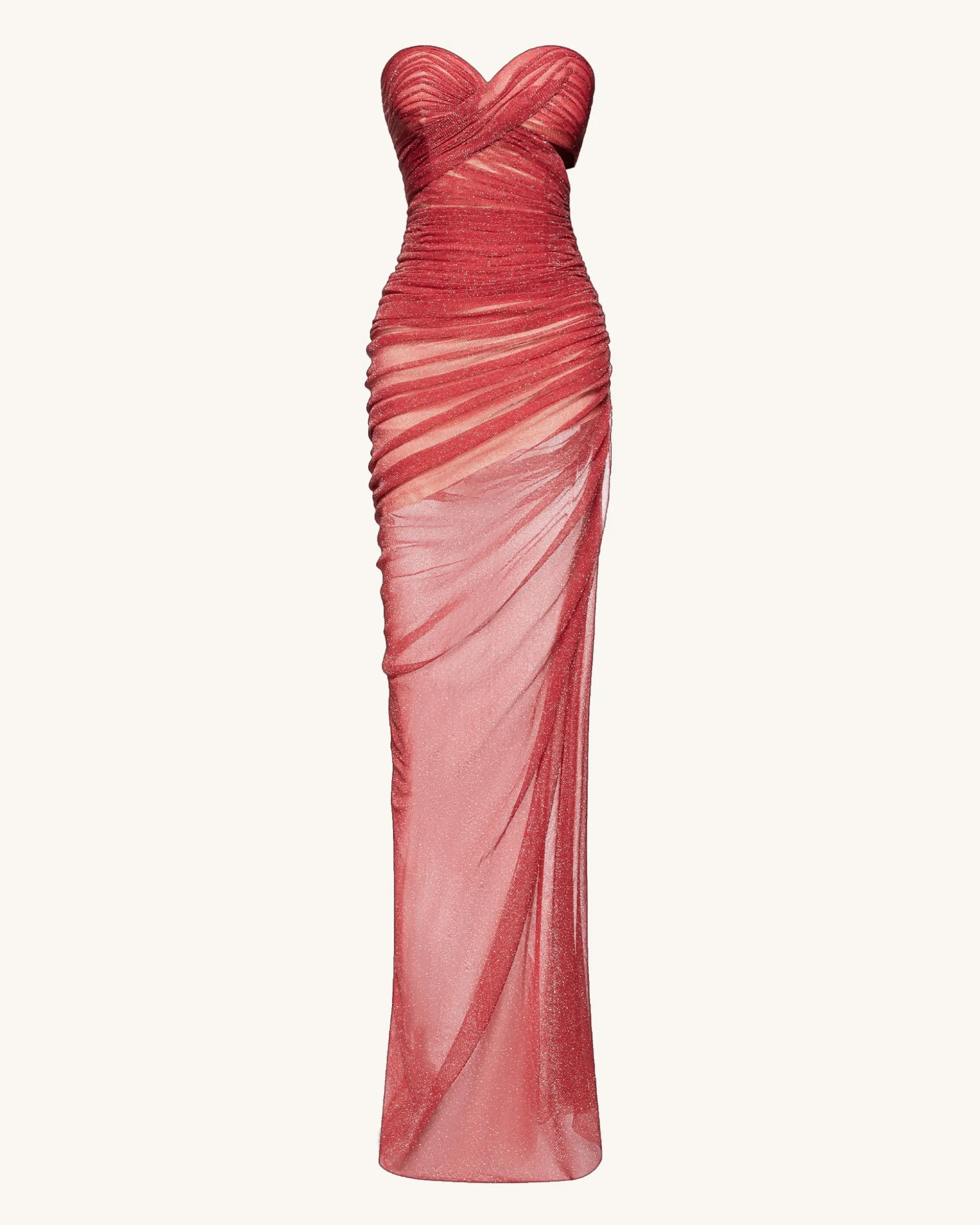 Mia Strapless Sheer Glitter Gown - Scarlet
