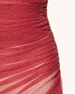 Mia Strapless Sheer Glitter Gown - Scarlet