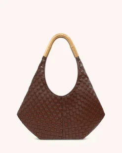 Olivia Hand-Woven Metal Handle Hobo Bag - Brown