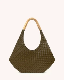 Olivia Hand-Woven Metal Handle Hobo Bag - Olive Green