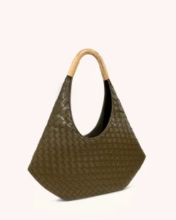 Olivia Hand-Woven Metal Handle Hobo Bag - Olive Green