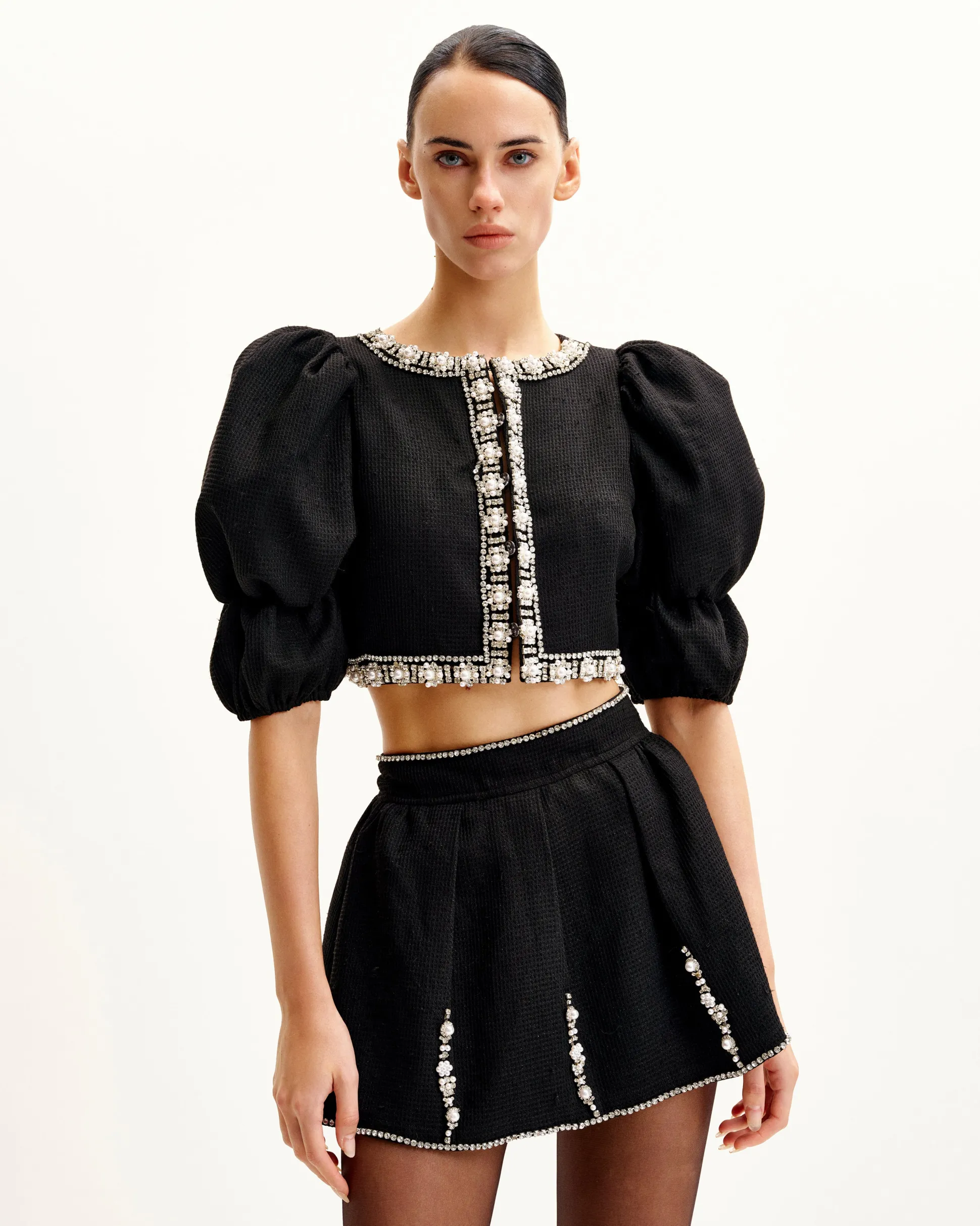 Pearl-Embellished Tweed Set - Black