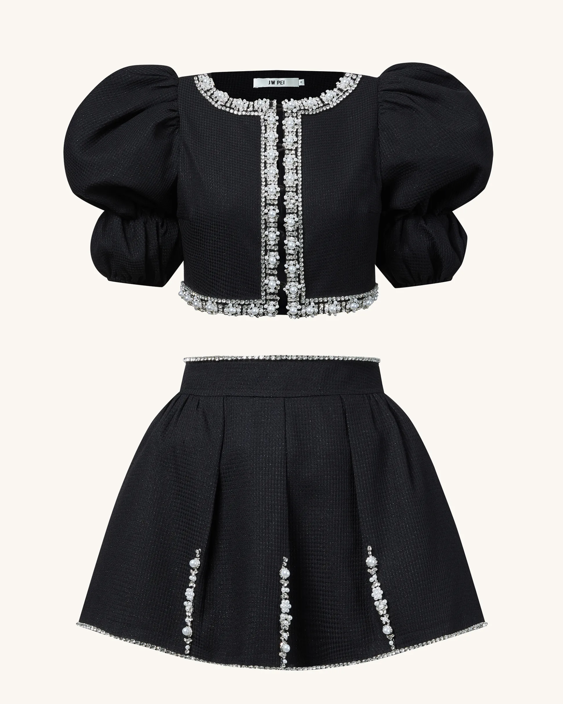 Pearl-Embellished Tweed Set - Black