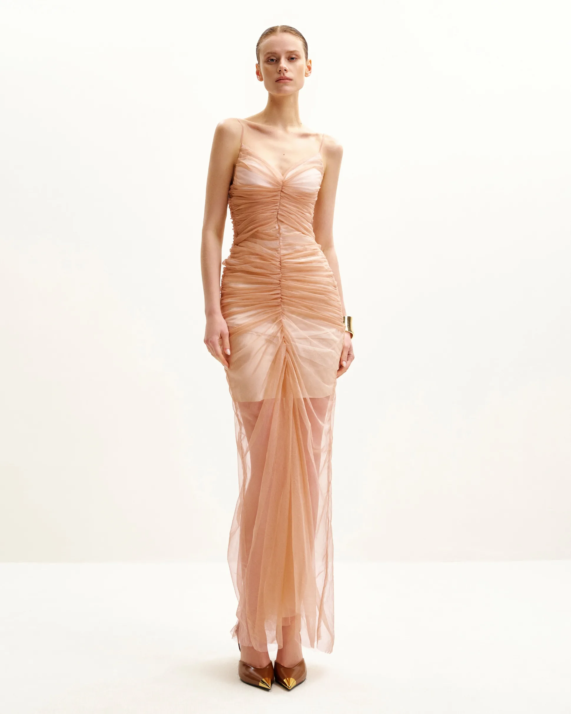 Piper Draped Mesh Evening Gown - Cinnamon