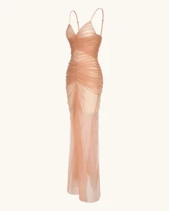 Piper Draped Mesh Evening Gown - Cinnamon