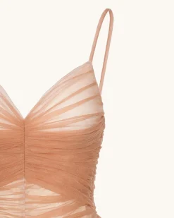 Piper Draped Mesh Evening Gown - Cinnamon