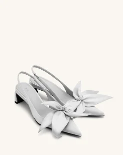 Queena Floral Appliques Slingback Pumps - Silver