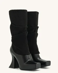 Reyna Square Toe Platform Knit Boots - Black