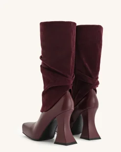 Reyna Square Toe Platform Knit Boots - Claret Red