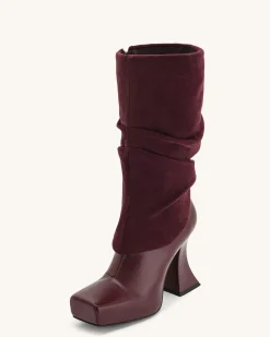 Reyna Square Toe Platform Knit Boots - Claret Red