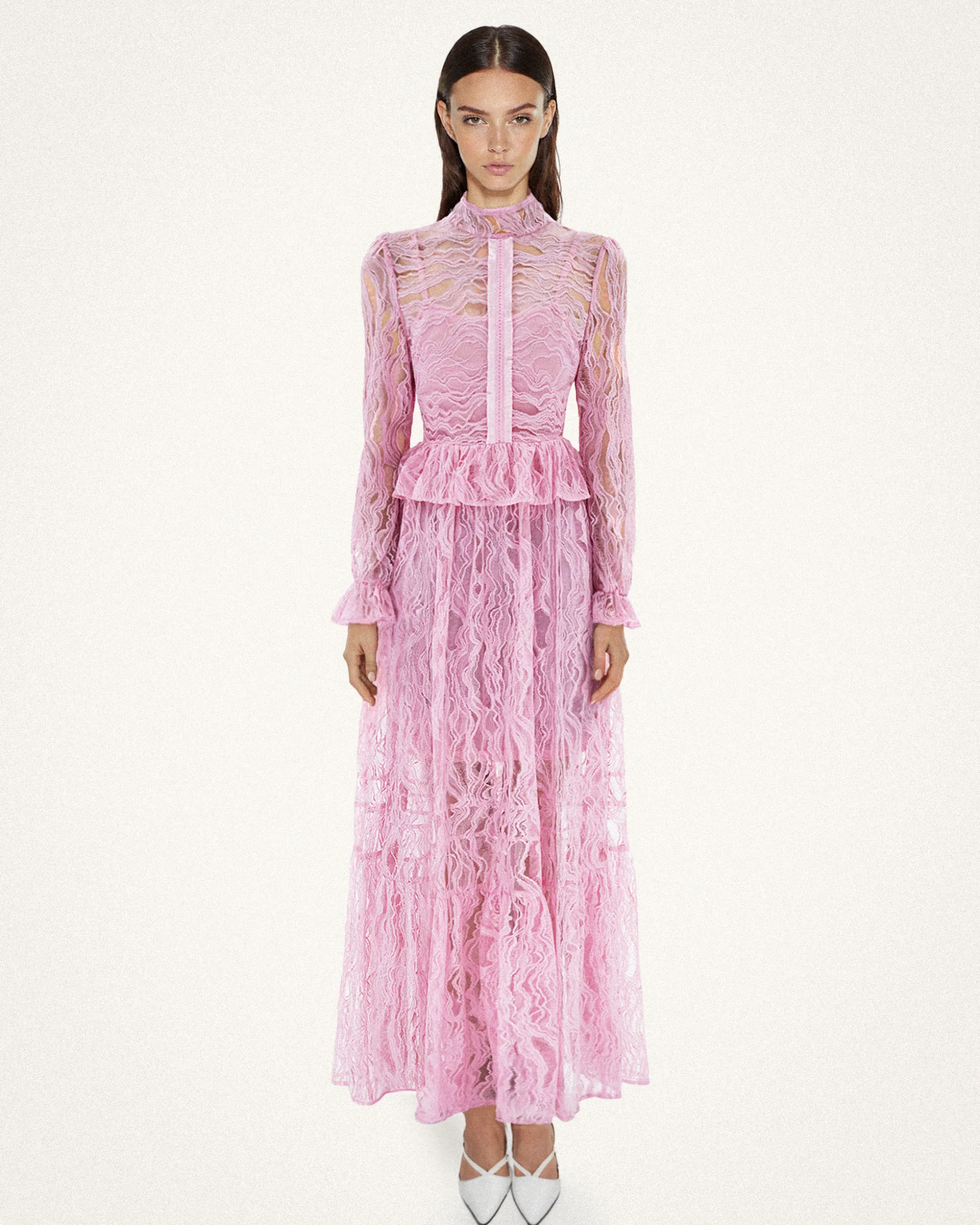 Romantic Lace Long Dress - Pink