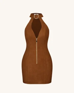 Ruby Halter Neck Zipper Mini Dress - Brown