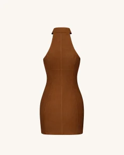 Ruby Halter Neck Zipper Mini Dress - Brown