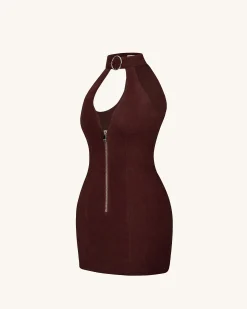 Ruby Halter Neck Zipper Mini Dress - Coffee Red