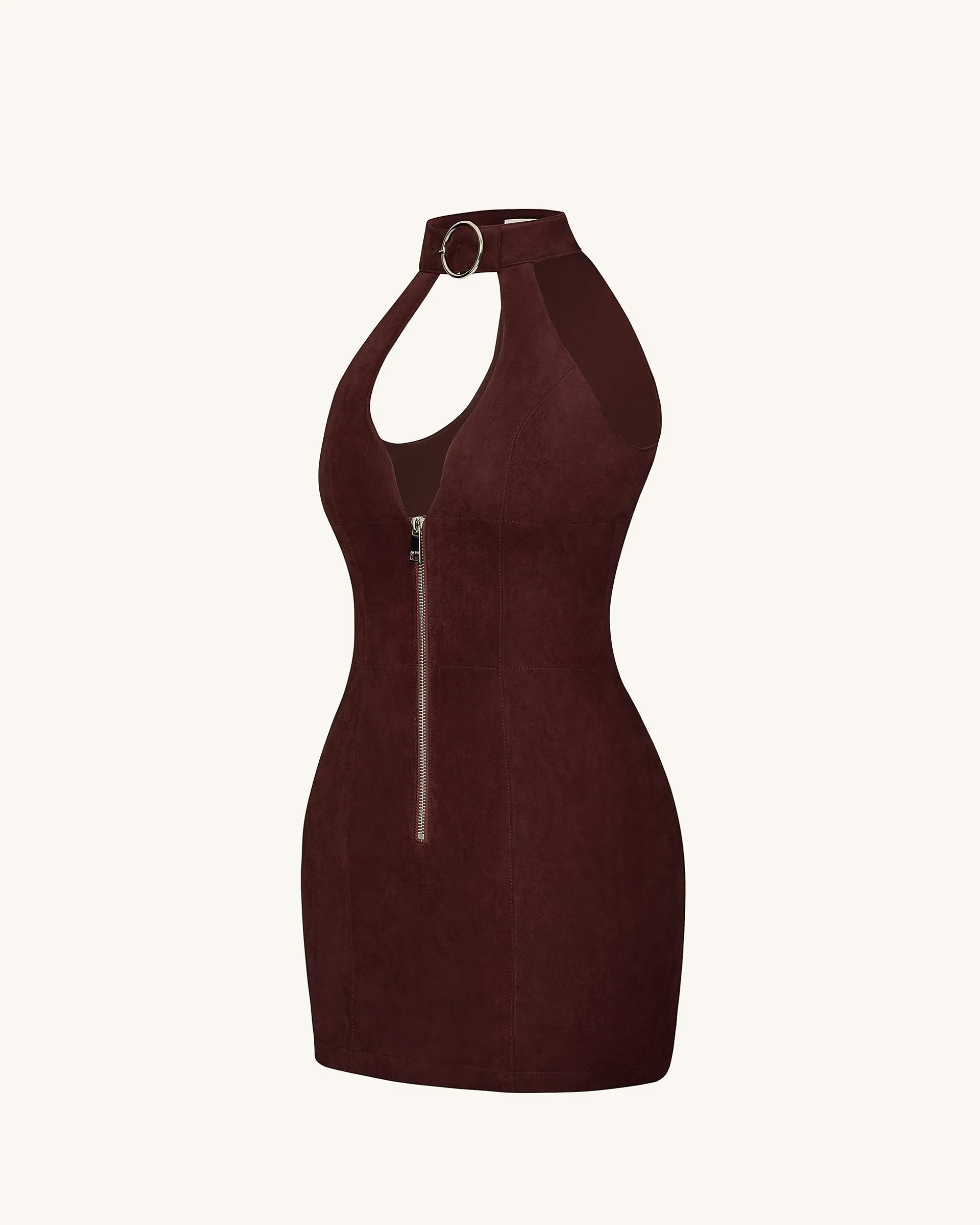 Ruby Halter Neck Zipper Mini Dress - Coffee Red