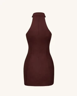 Ruby Halter Neck Zipper Mini Dress - Coffee Red