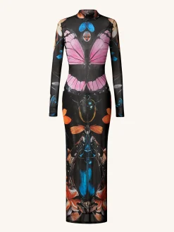 Sheer Butterfly and Beetle Gown - Multicolor