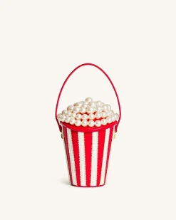 Skylar Faux Pearl Embellished Bucket Bag - Red