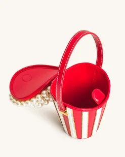 Skylar Faux Pearl Embellished Bucket Bag - Red