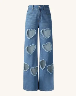 Sophia Embellished Heart Cut-Out Denim Jeans - Medium Blue