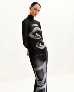 Sophia Eye Print Mesh Dress - Black/White