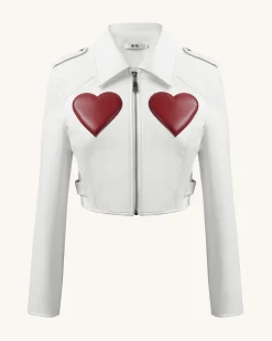 Sophie Cropped Leather Jacket - White & Red