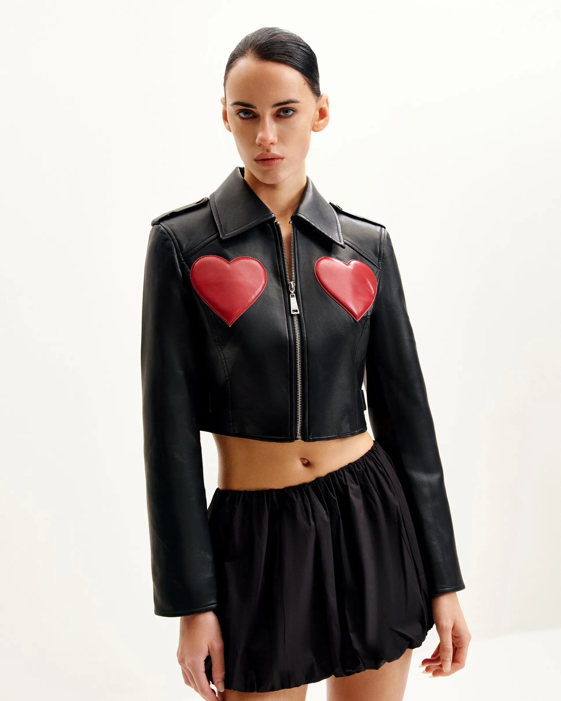 Sophie Cropped Leather Jacket - Black & Red