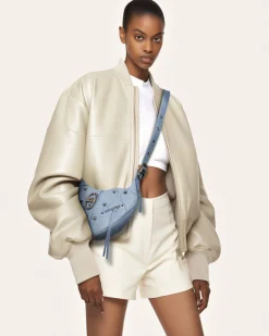 Tessa Denim Embossed Shoulder Bag - Blue