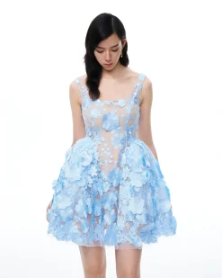 Thaddeus 3D Floral Embroidered Mini Dress - Blue
