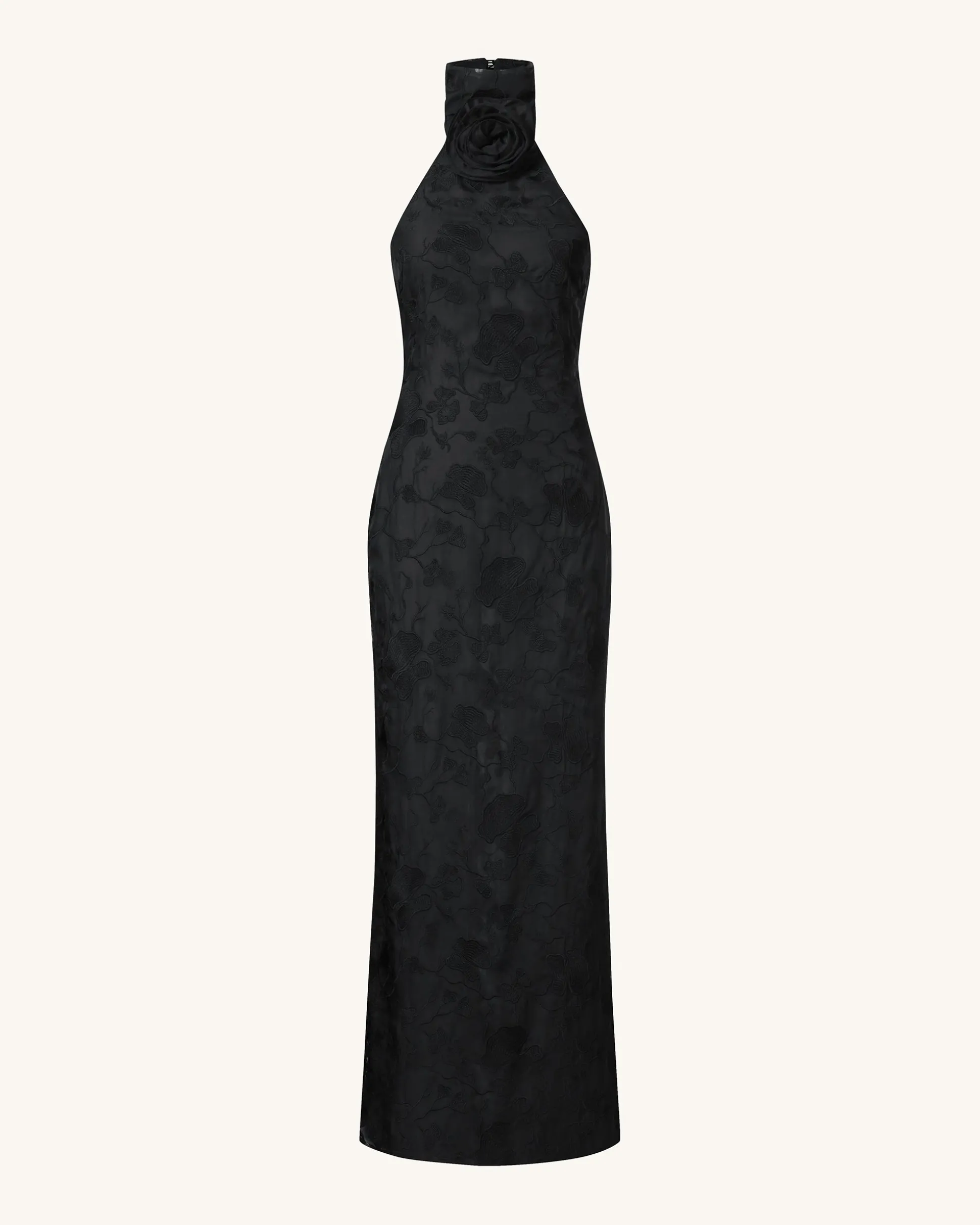 Uliana Black Floral Lace Halterneck Maxi Dress - Black