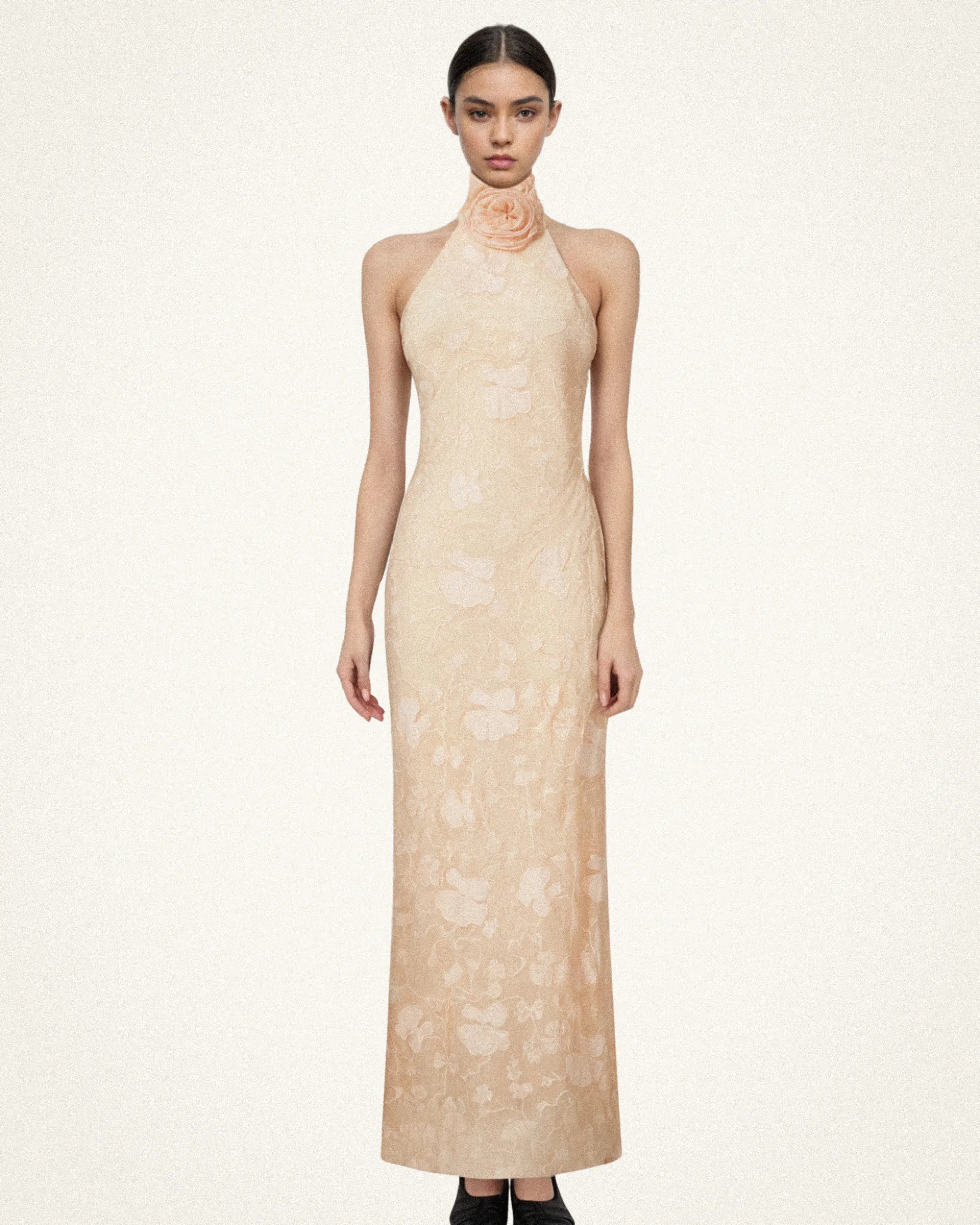 Uliana Pink Beige Floral Lace Halterneck Maxi Dress - Pink Beige