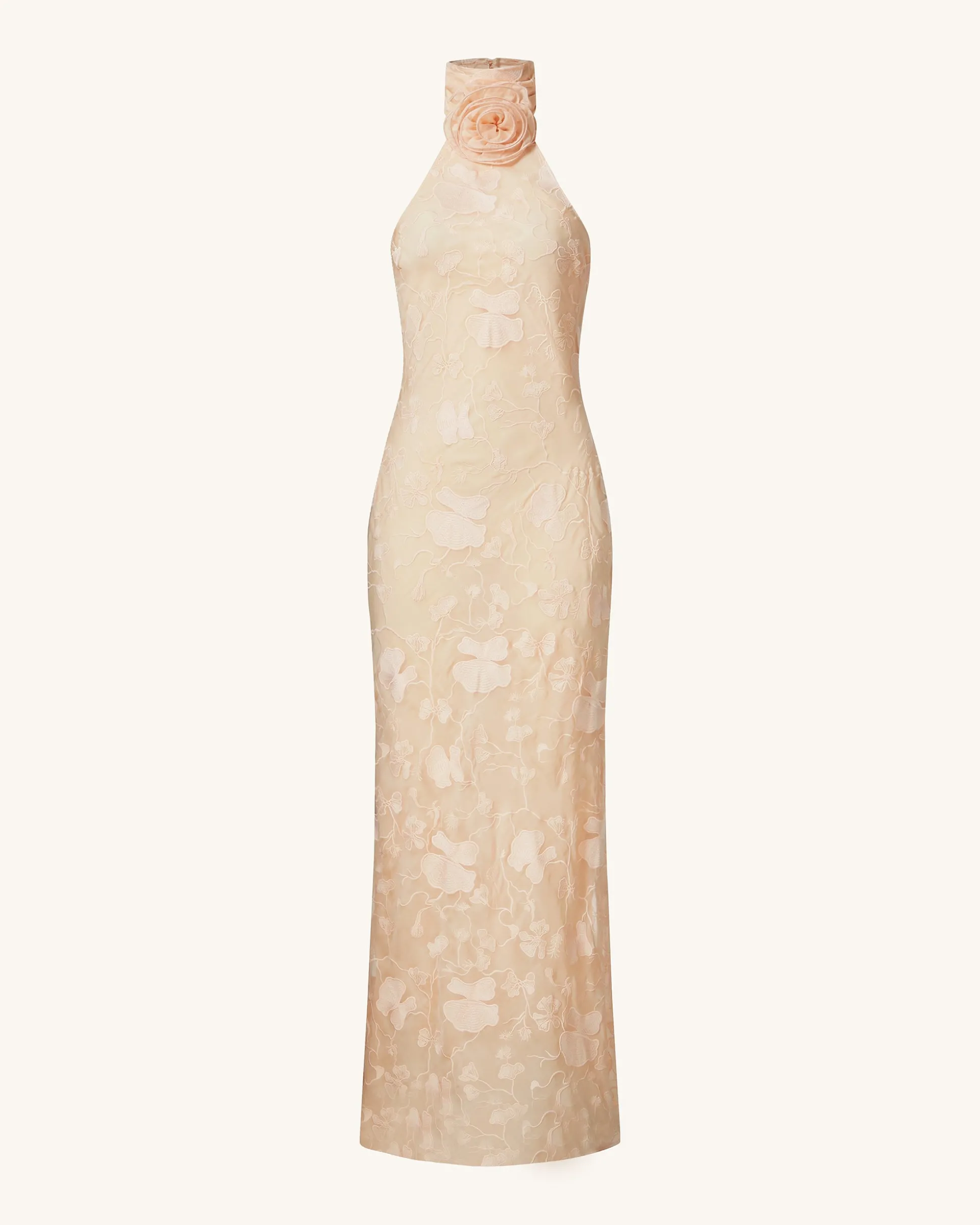 Uliana Pink Beige Floral Lace Halterneck Maxi Dress - Pink Beige