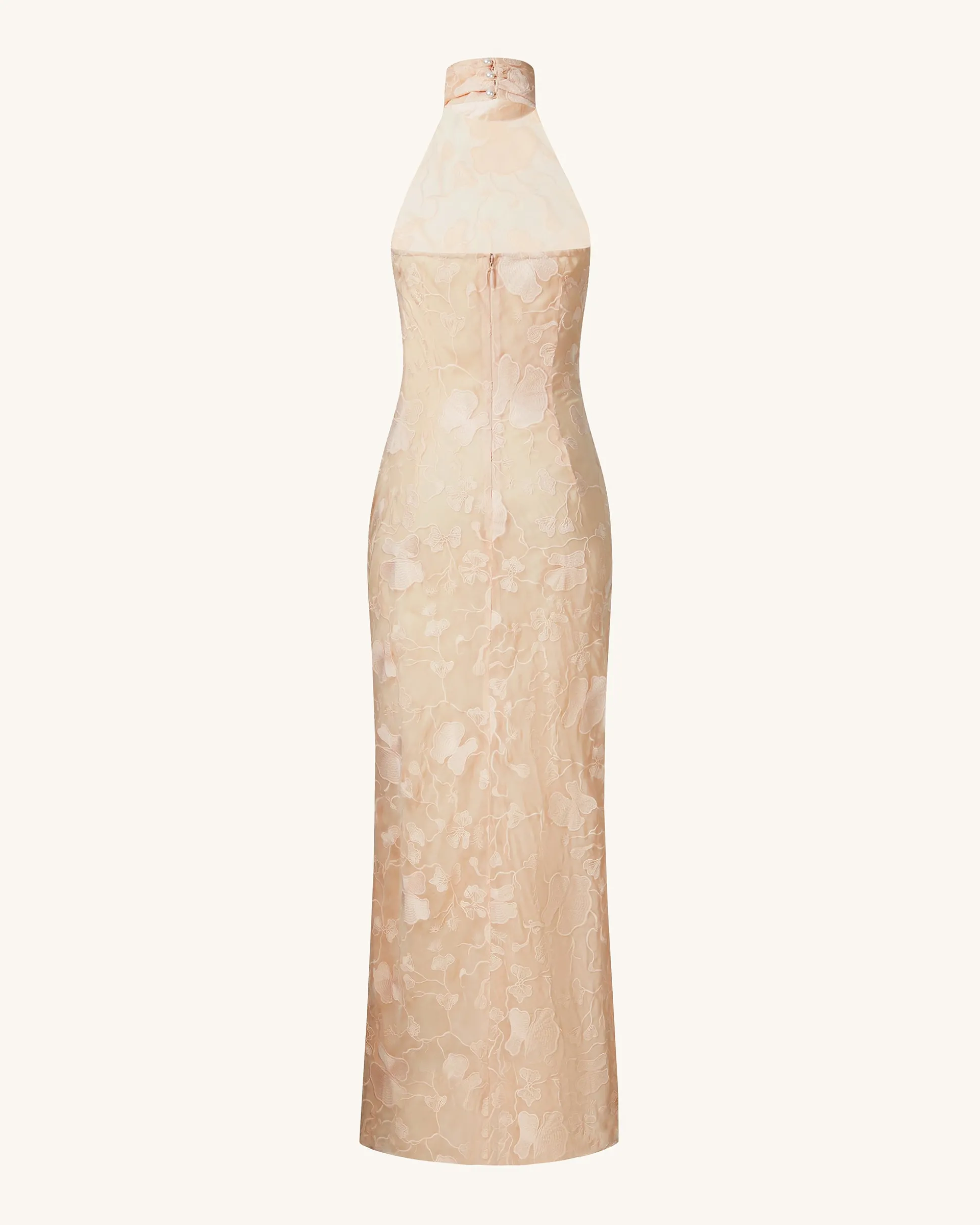 Uliana Pink Beige Floral Lace Halterneck Maxi Dress - Pink Beige