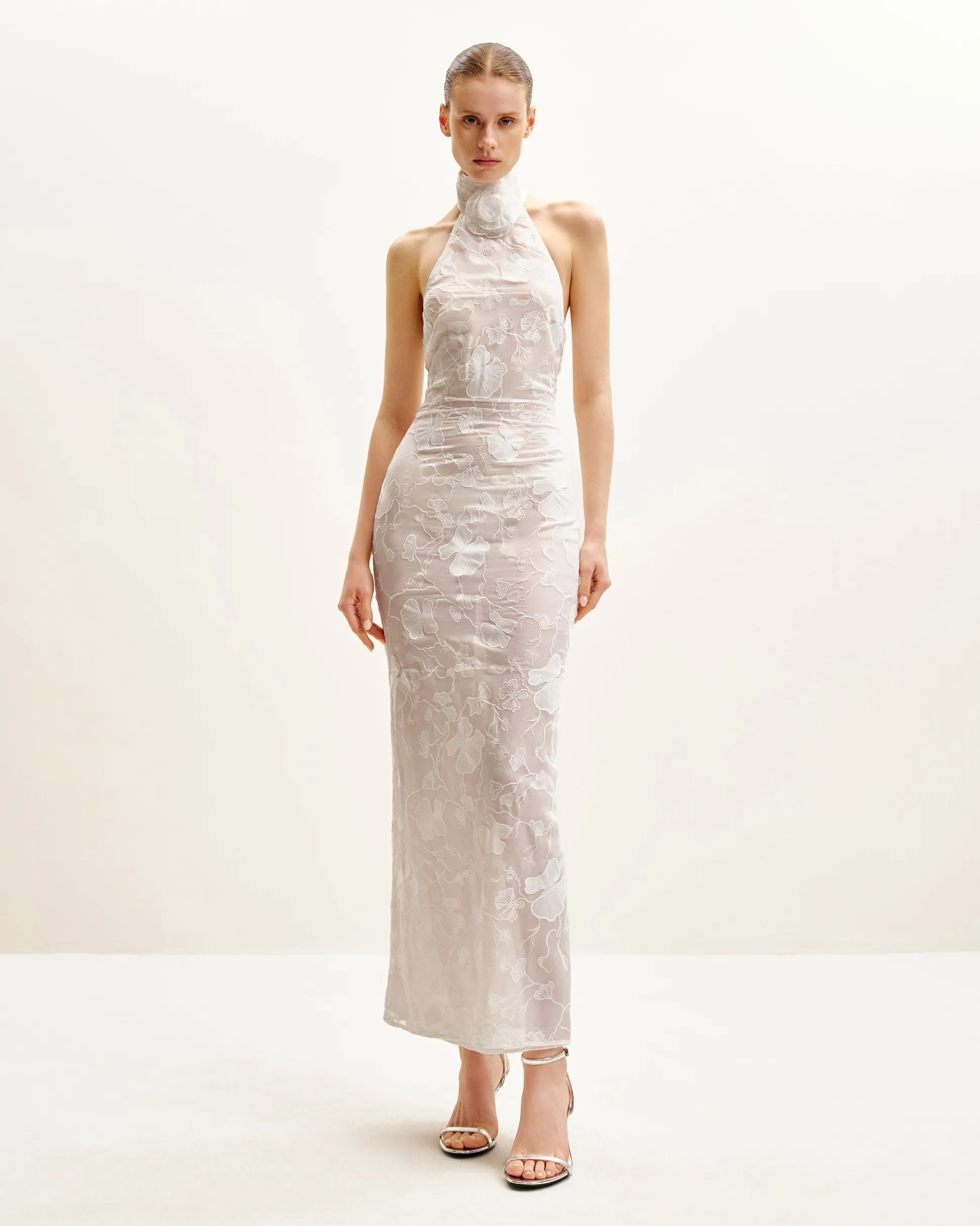 Uliana White Floral Lace Halterneck Maxi Dress - White