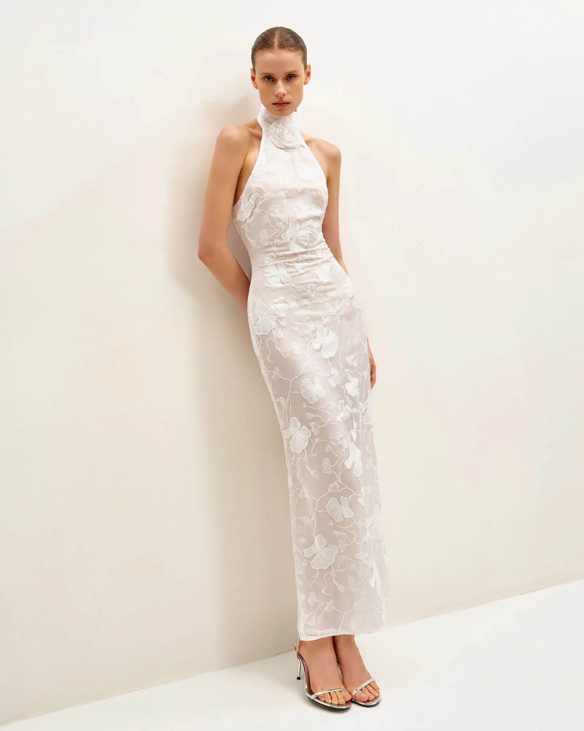 Uliana White Floral Lace Halterneck Maxi Dress - White
