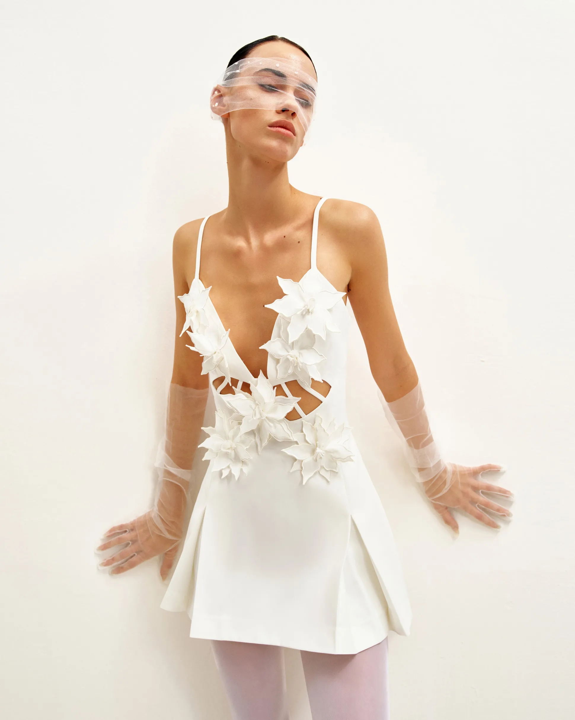 Yuliya White Floral Embellishment V-neckline Mini Dress - White