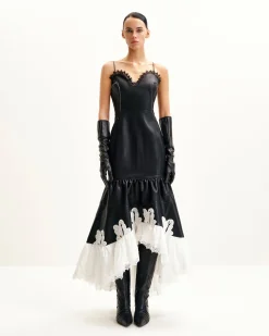 Zora Lace Trim Leather Dress - Black