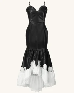 Zora Lace Trim Leather Dress - Black