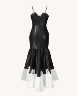 Zora Lace Trim Leather Dress - Black